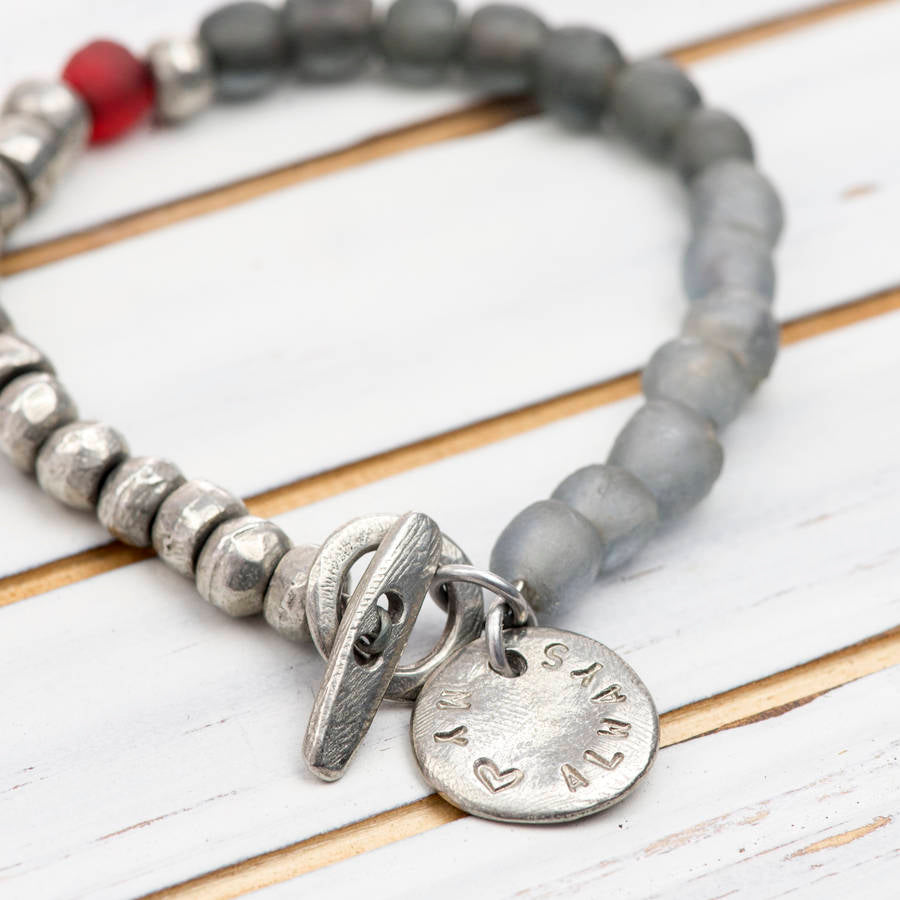 Personalised Recycled Glass & Pewter Bead Bracelet