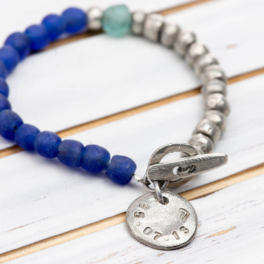 Personalised Recycled Glass & Pewter Bead Bracelet
