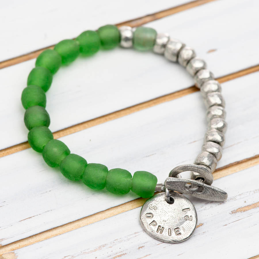 Personalised Recycled Glass & Pewter Bead Bracelet