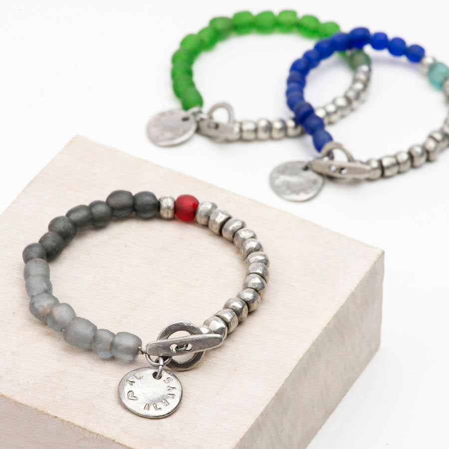 Personalised Recycled Glass & Pewter Bead Bracelet